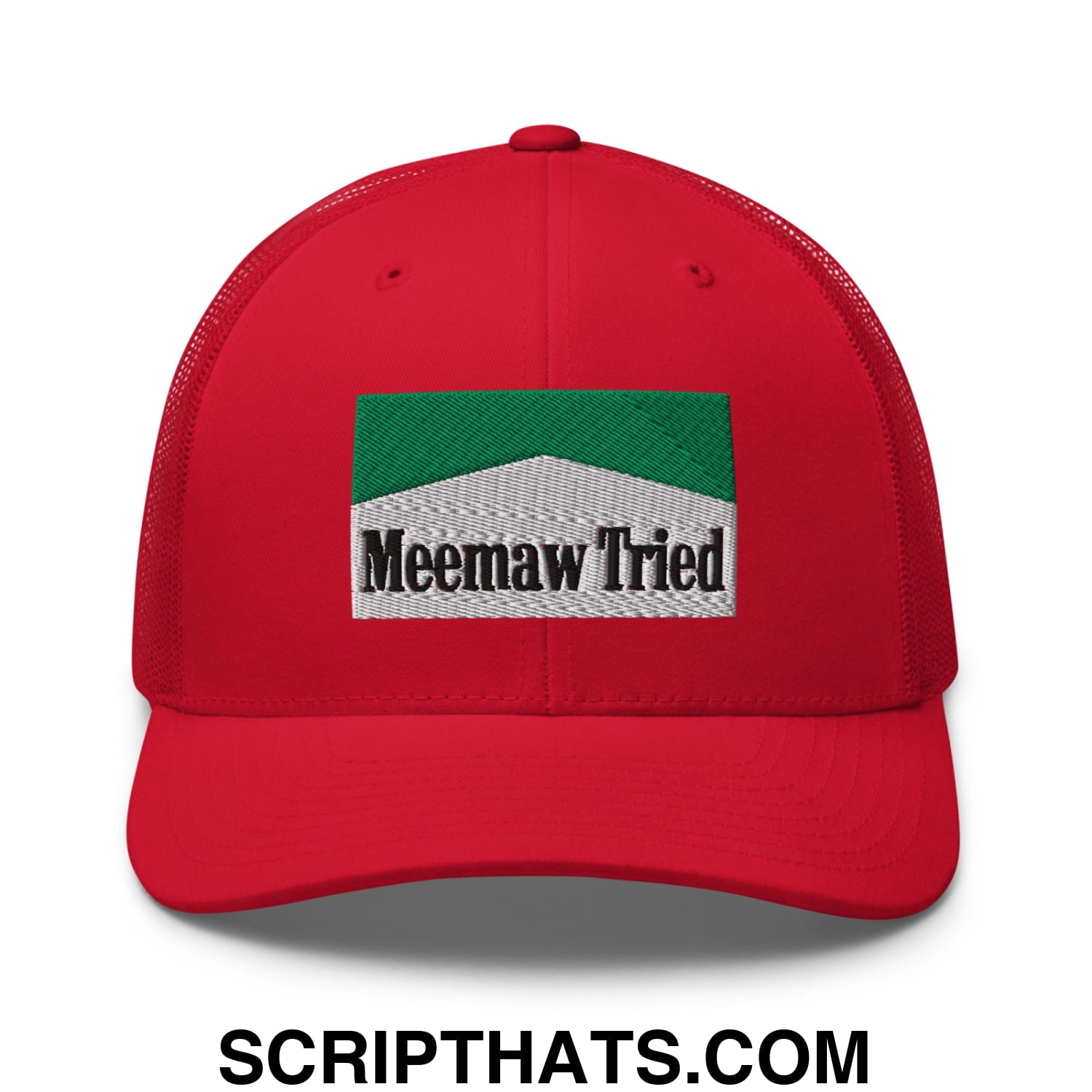 Meemaw Tried Cigarette Menthol Green Embroidered Mesh Trucker Hat Red