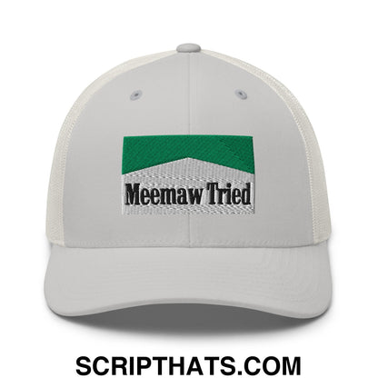 Meemaw Tried Cigarette Menthol Green Embroidered Mesh Trucker Hat Silver