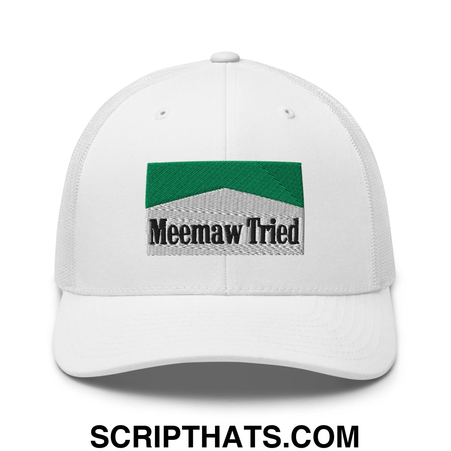 Meemaw Tried Cigarette Menthol Green Embroidered Mesh Trucker Hat White