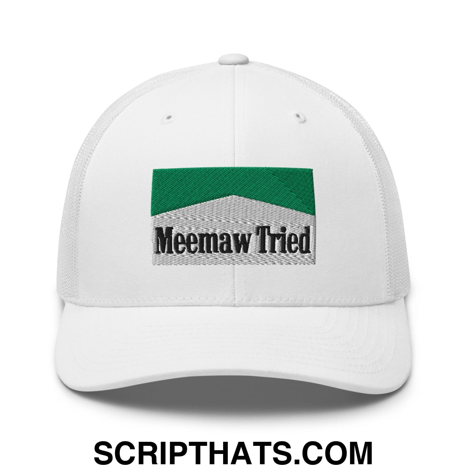 Meemaw Tried Cigarette Menthol Green Embroidered Mesh Trucker Hat White