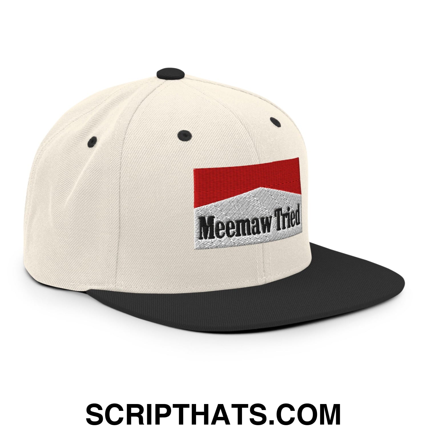 Meemaw Tried Cigarette Red Embroidered Flat Bill Brim Snapback Hat Natural Black