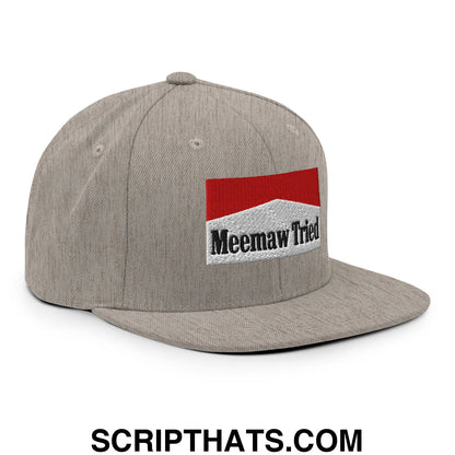 Meemaw Tried Cigarette Red Embroidered Flat Bill Brim Snapback Hat Heather Grey