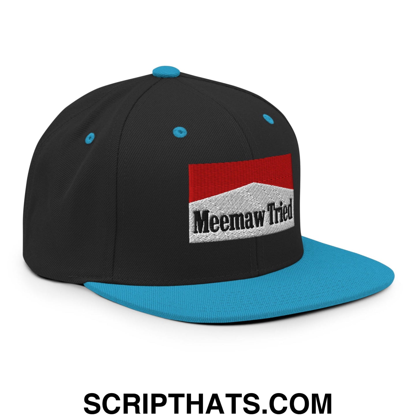 Meemaw Tried Cigarette Red Embroidered Flat Bill Brim Snapback Hat Black Teal