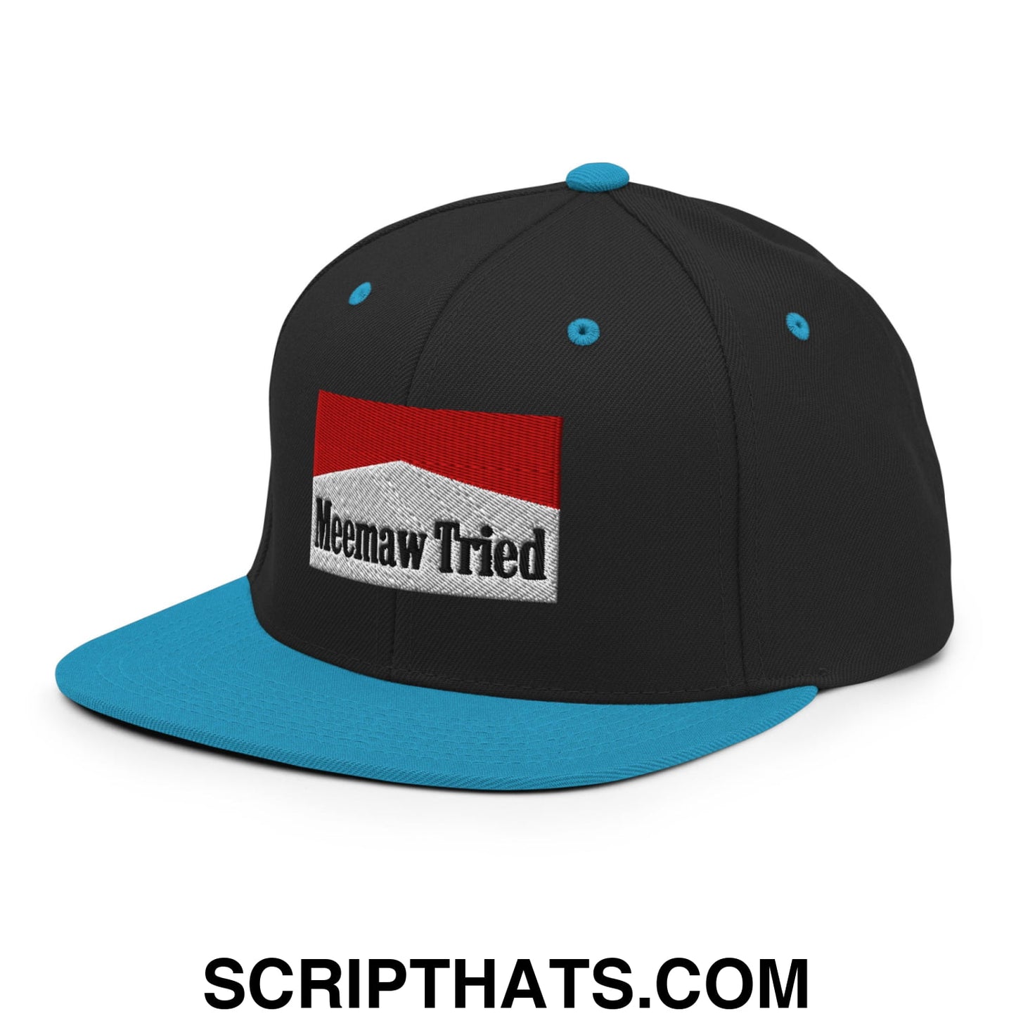Meemaw Tried Cigarette Red Embroidered Flat Bill Brim Snapback Hat Black Teal