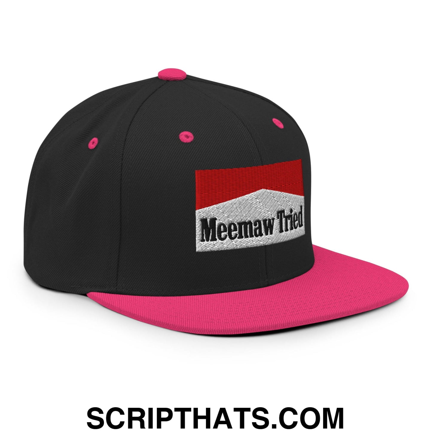 Meemaw Tried Cigarette Red Embroidered Flat Bill Brim Snapback Hat Black Neon Pink