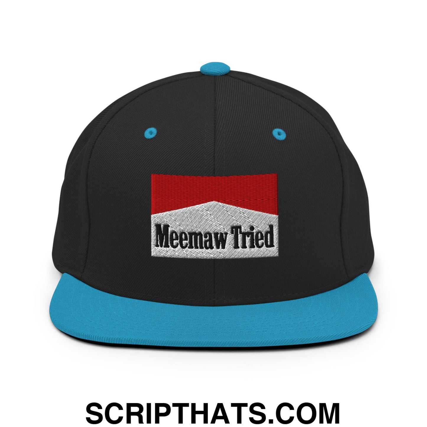 Meemaw Tried Cigarette Red Embroidered Flat Bill Brim Snapback Hat Black Teal