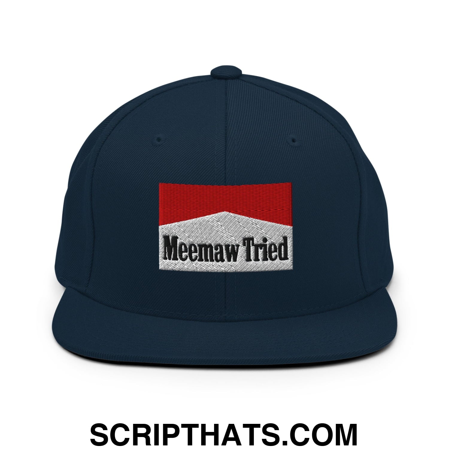 Meemaw Tried Cigarette Red Embroidered Flat Bill Brim Snapback Hat Dark Navy