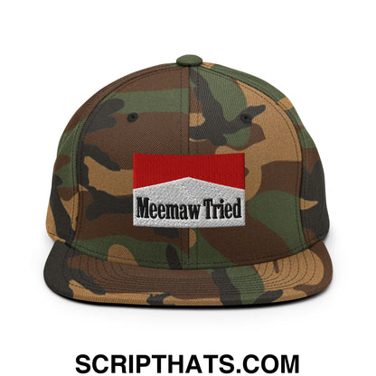 Meemaw Tried Cigarette Red Embroidered Flat Bill Brim Snapback Hat Green Camo