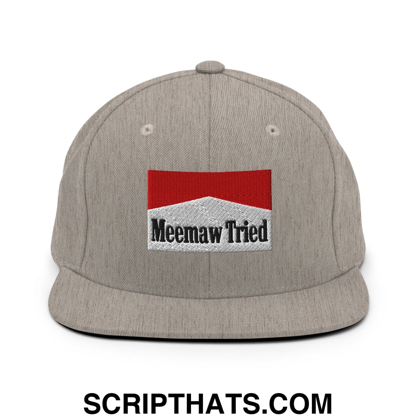 Meemaw Tried Cigarette Red Embroidered Flat Bill Brim Snapback Hat Heather Grey