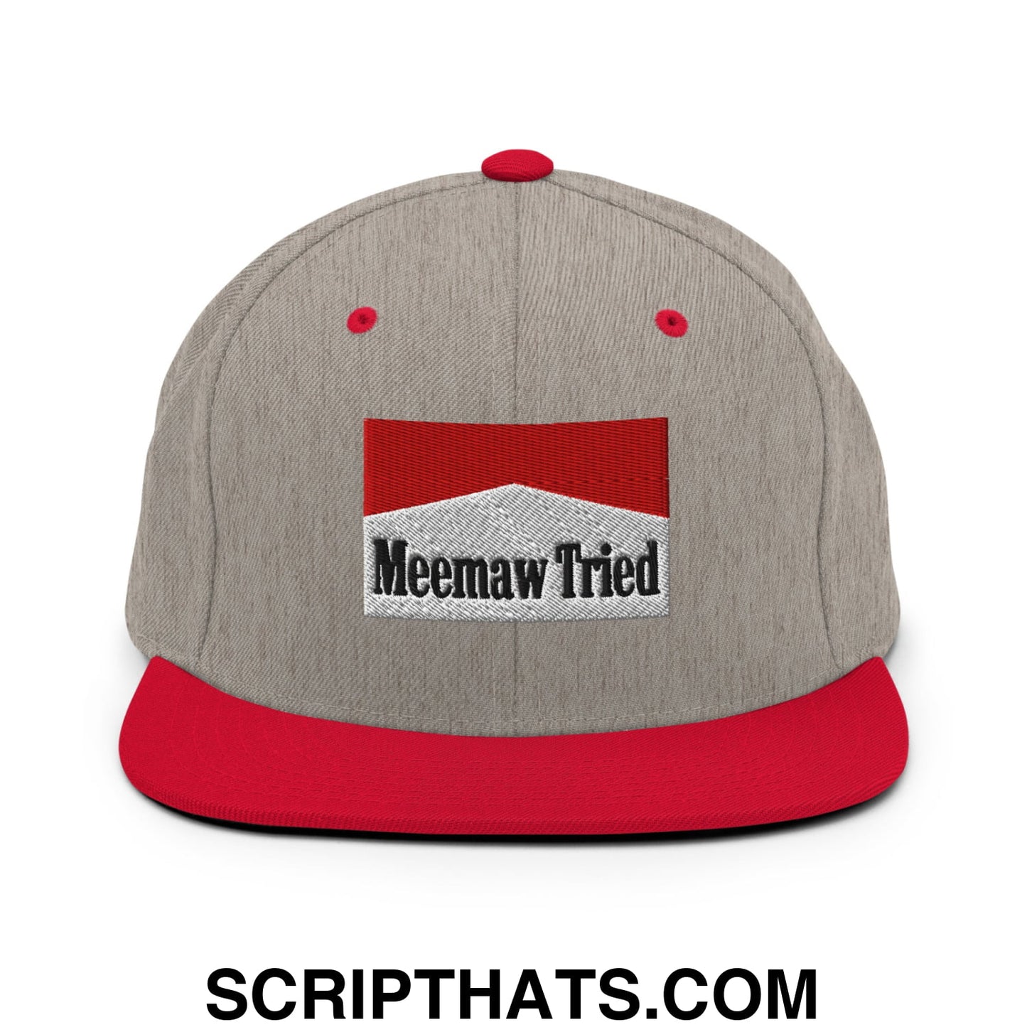 Meemaw Tried Cigarette Red Embroidered Flat Bill Brim Snapback Hat Heather Grey Red