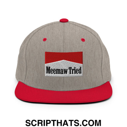 Meemaw Tried Cigarette Red Embroidered Flat Bill Brim Snapback Hat Heather Grey Red