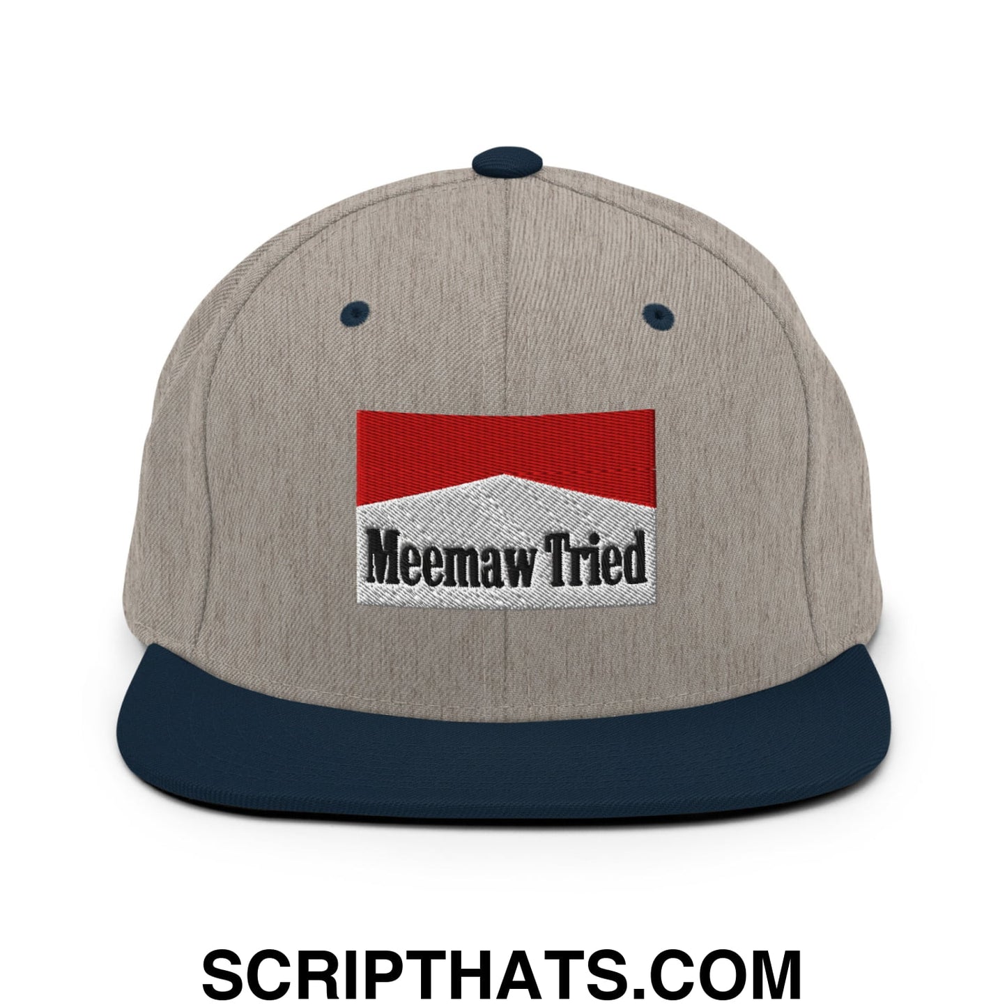 Meemaw Tried Cigarette Red Embroidered Flat Bill Brim Snapback Hat Heather Grey Navy