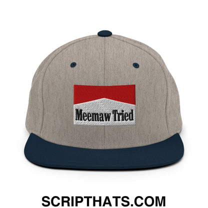 Meemaw Tried Cigarette Red Embroidered Flat Bill Brim Snapback Hat Heather Grey Navy