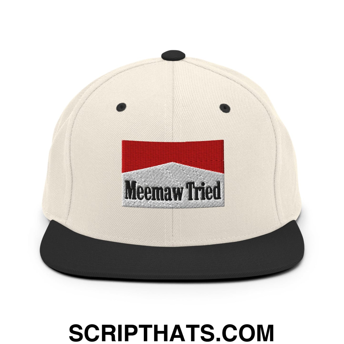 Meemaw Tried Cigarette Red Embroidered Flat Bill Brim Snapback Hat Natural Black