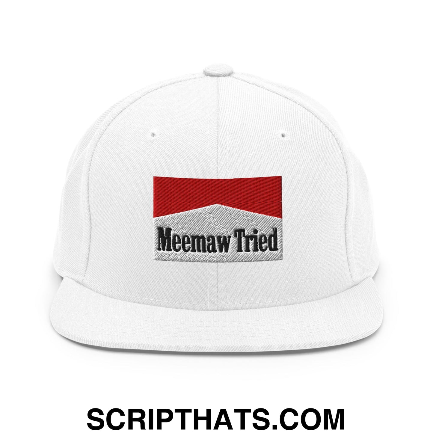 Meemaw Tried Cigarette Red Embroidered Flat Bill Brim Snapback Hat White