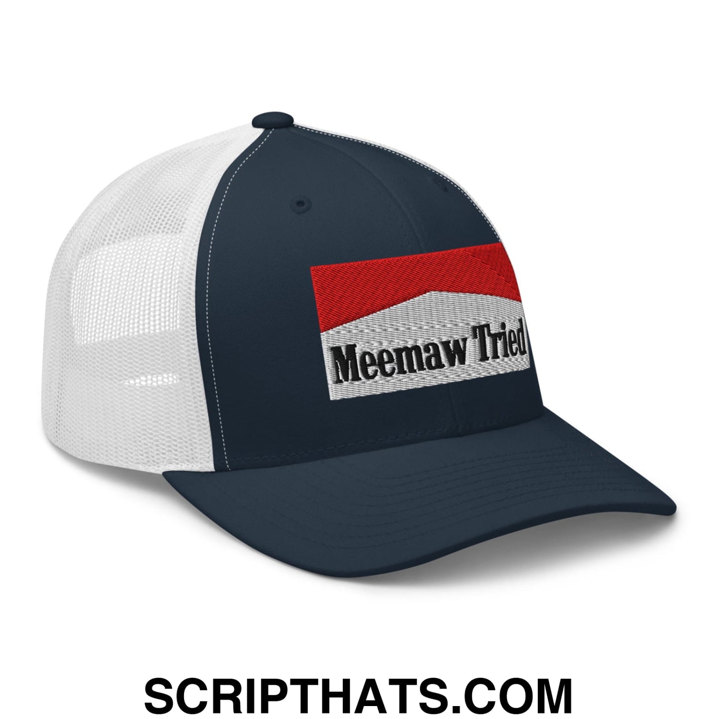 Meemaw Tried Cigarette Red Embroidered Mesh Trucker Hat Navy White