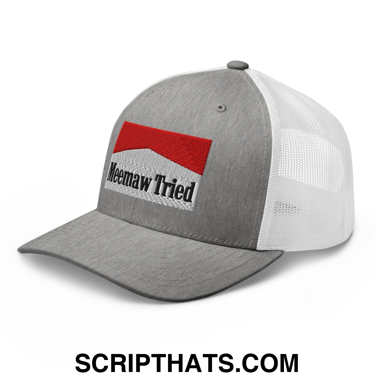 Meemaw Tried Cigarette Red Embroidered Mesh Trucker Hat Heather Grey White