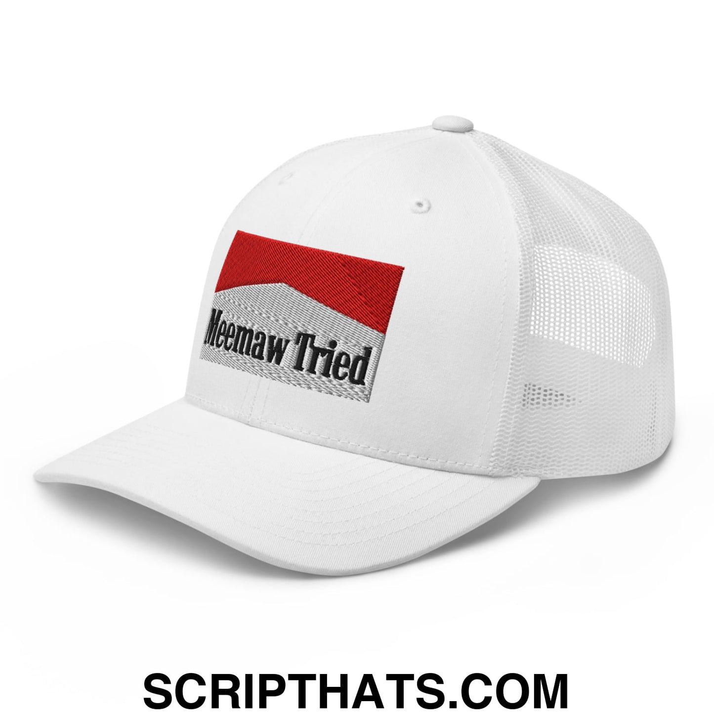 Meemaw Tried Cigarette Red Embroidered Mesh Trucker Hat White