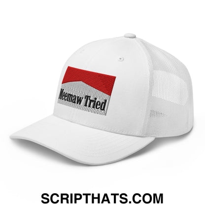Meemaw Tried Cigarette Red Embroidered Mesh Trucker Hat White