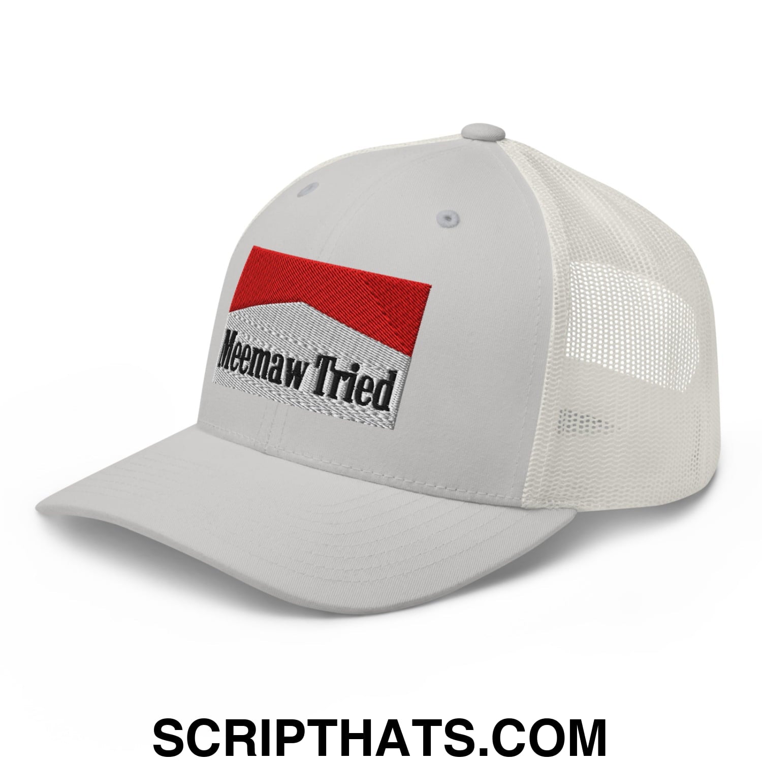 Meemaw Tried Cigarette Red Embroidered Mesh Trucker Hat Silver