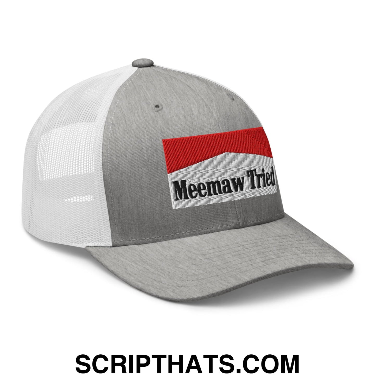 Meemaw Tried Cigarette Red Embroidered Mesh Trucker Hat Heather Grey White