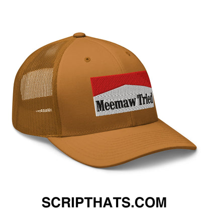 Meemaw Tried Cigarette Red Embroidered Mesh Trucker Hat Caramel
