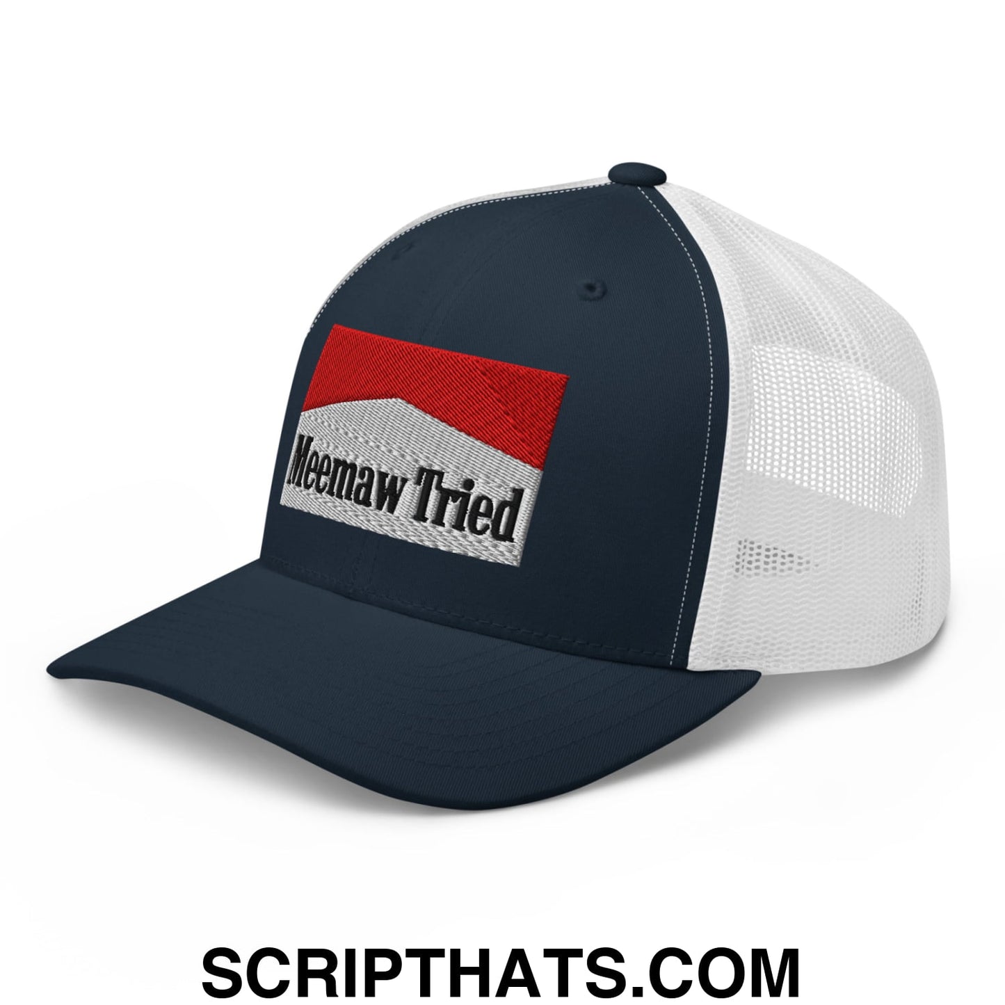 Meemaw Tried Cigarette Red Embroidered Mesh Trucker Hat Navy White