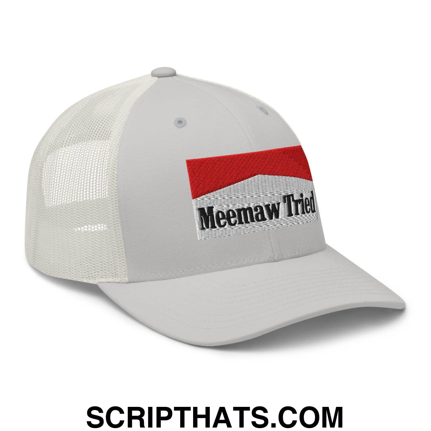 Meemaw Tried Cigarette Red Embroidered Mesh Trucker Hat Silver