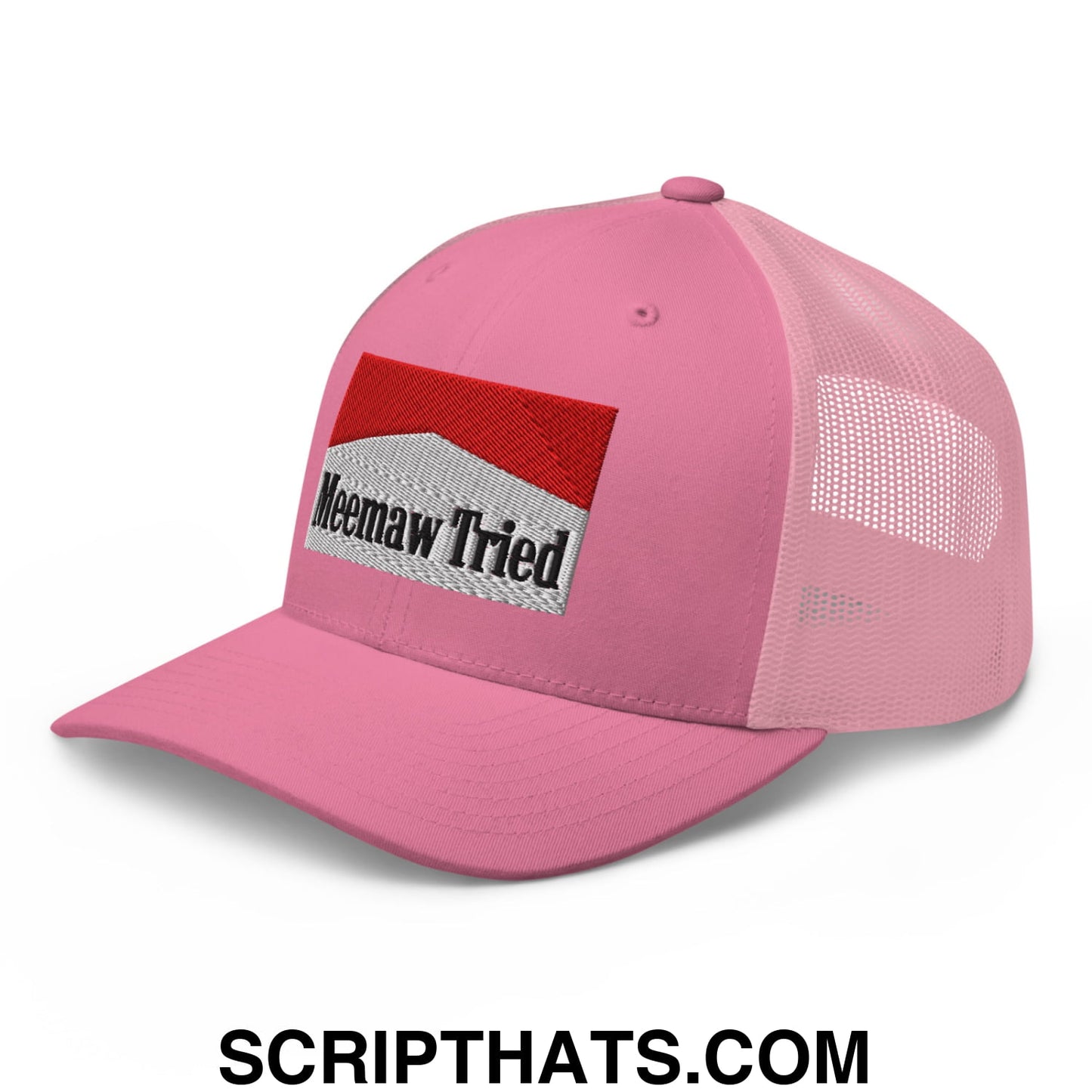 Meemaw Tried Cigarette Red Embroidered Mesh Trucker Hat Pink