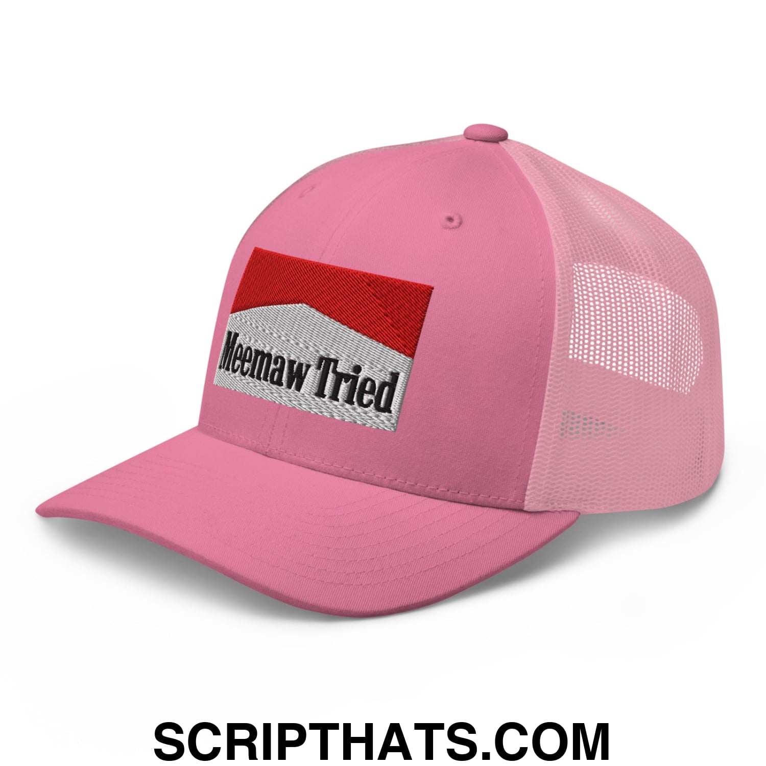 Meemaw Tried Cigarette Red Embroidered Mesh Trucker Hat Pink