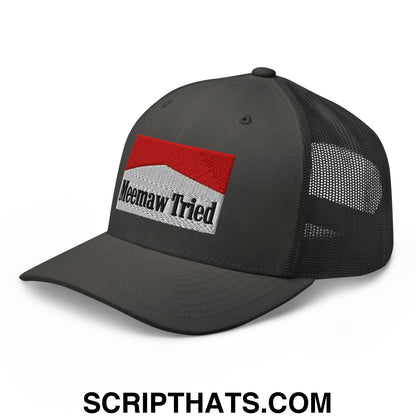Meemaw Tried Cigarette Red Embroidered Mesh Trucker Hat Charcoal