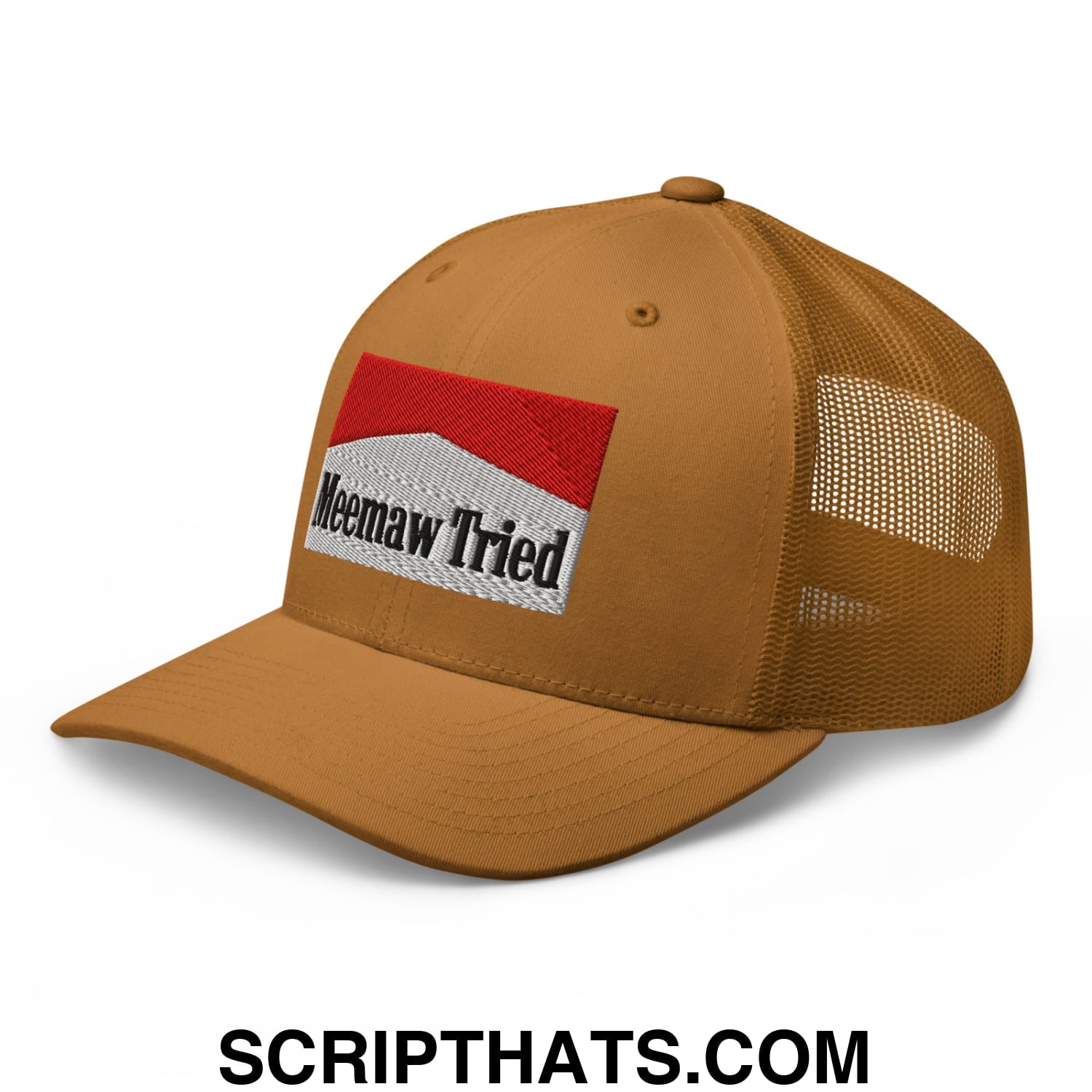 Meemaw Tried Cigarette Red Embroidered Mesh Trucker Hat Caramel