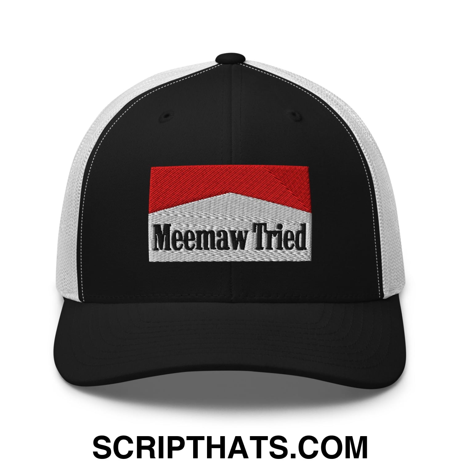 Meemaw Tried Cigarette Red Embroidered Mesh Trucker Hat Black White