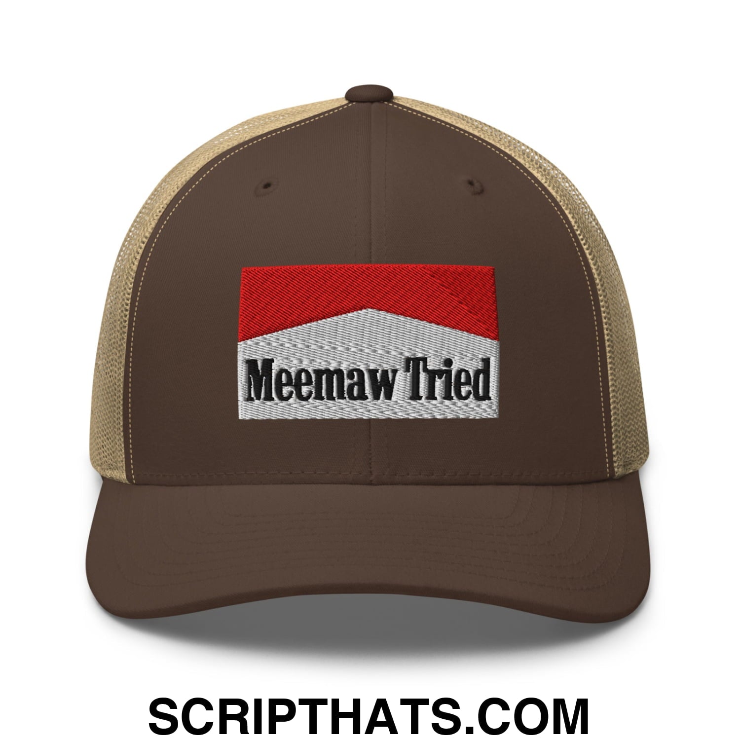Meemaw Tried Cigarette Red Embroidered Mesh Trucker Hat Brown Khaki