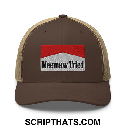 Meemaw Tried Cigarette Red Embroidered Mesh Trucker Hat Brown Khaki