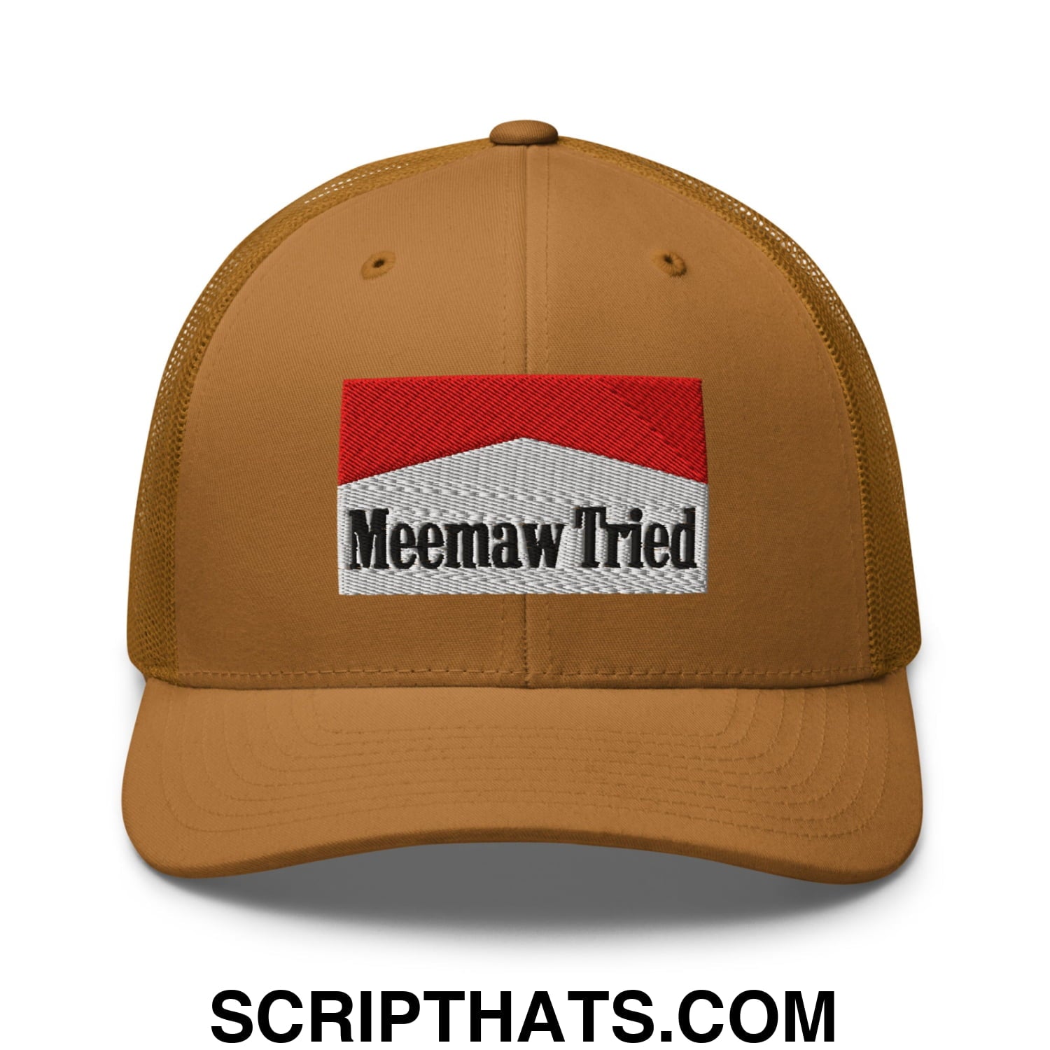 Meemaw Tried Cigarette Red Embroidered Mesh Trucker Hat Caramel