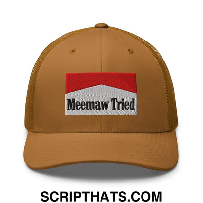 Meemaw Tried Cigarette Red Embroidered Mesh Trucker Hat Caramel