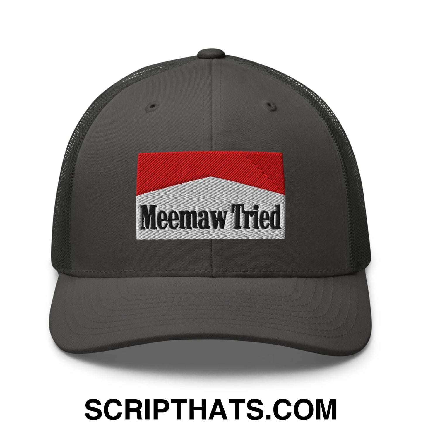 Meemaw Tried Cigarette Red Embroidered Mesh Trucker Hat Charcoal