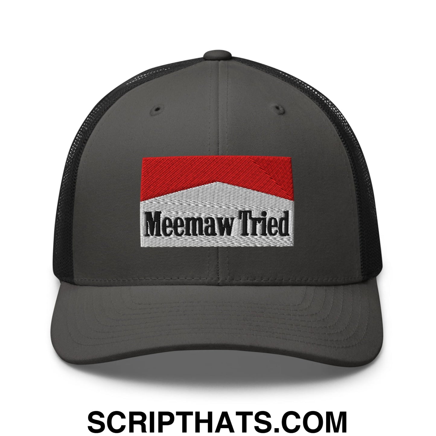 Meemaw Tried Cigarette Red Embroidered Mesh Trucker Hat Charcoal Black