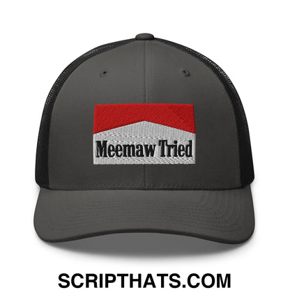 Meemaw Tried Cigarette Red Embroidered Mesh Trucker Hat Charcoal Black