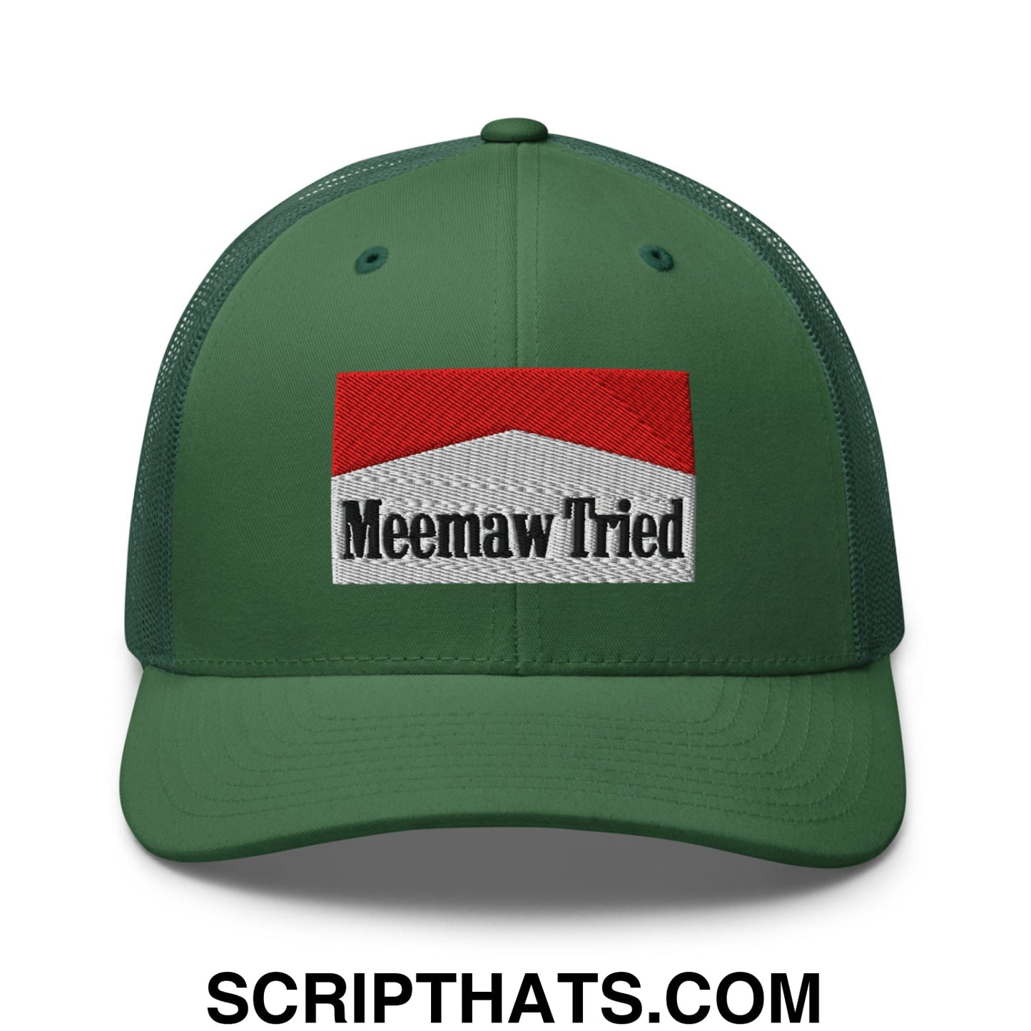 Meemaw Tried Cigarette Red Embroidered Mesh Trucker Hat Evergreen