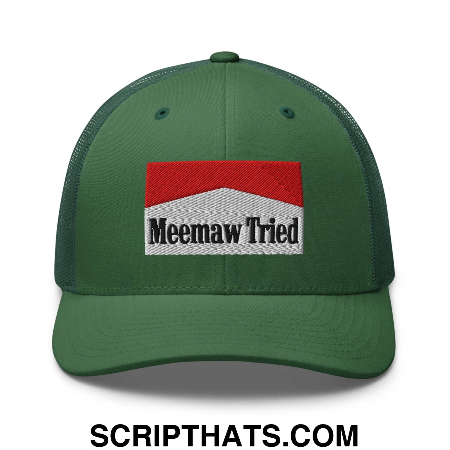 Meemaw Tried Cigarette Red Embroidered Mesh Trucker Hat Evergreen