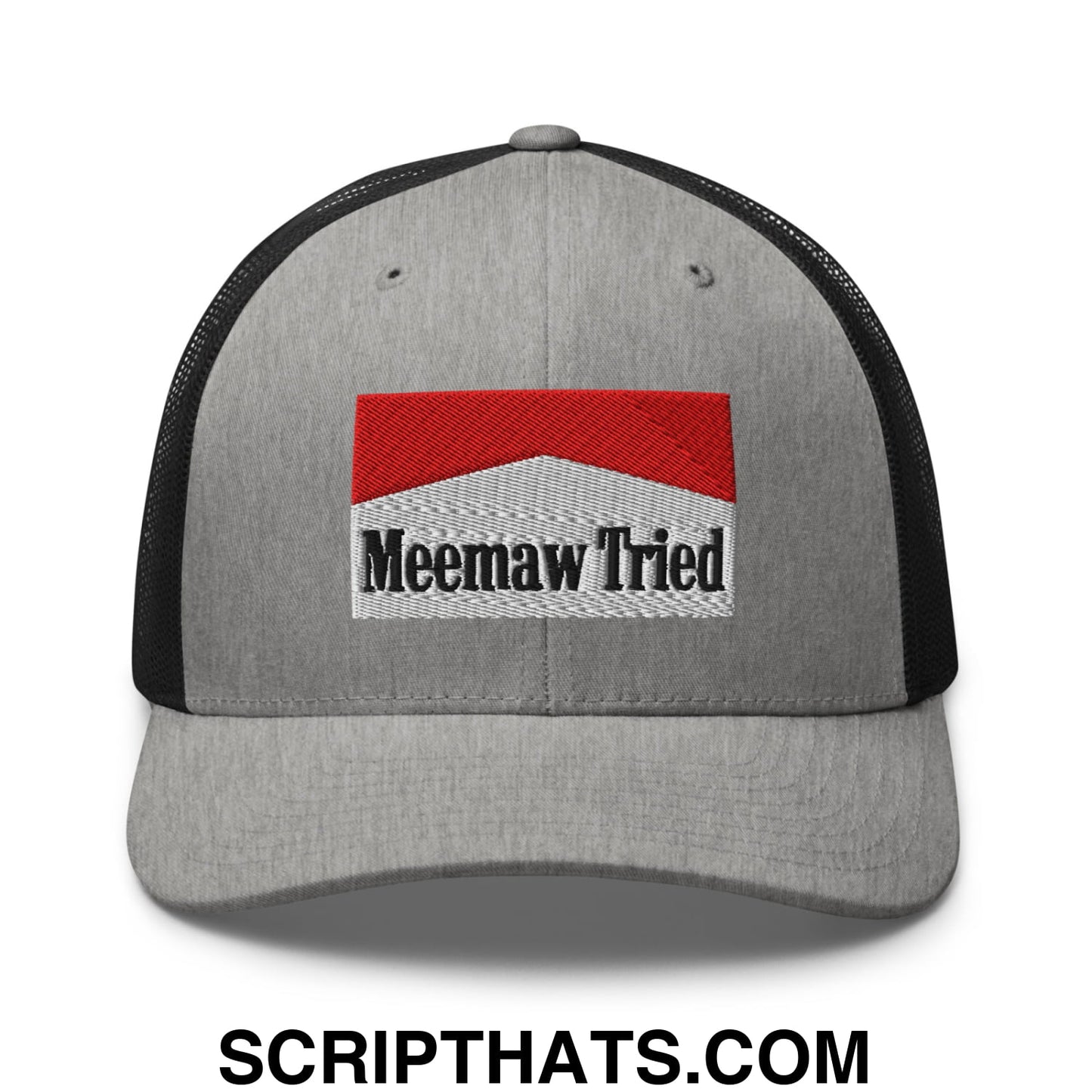 Meemaw Tried Cigarette Red Embroidered Mesh Trucker Hat Heather Black
