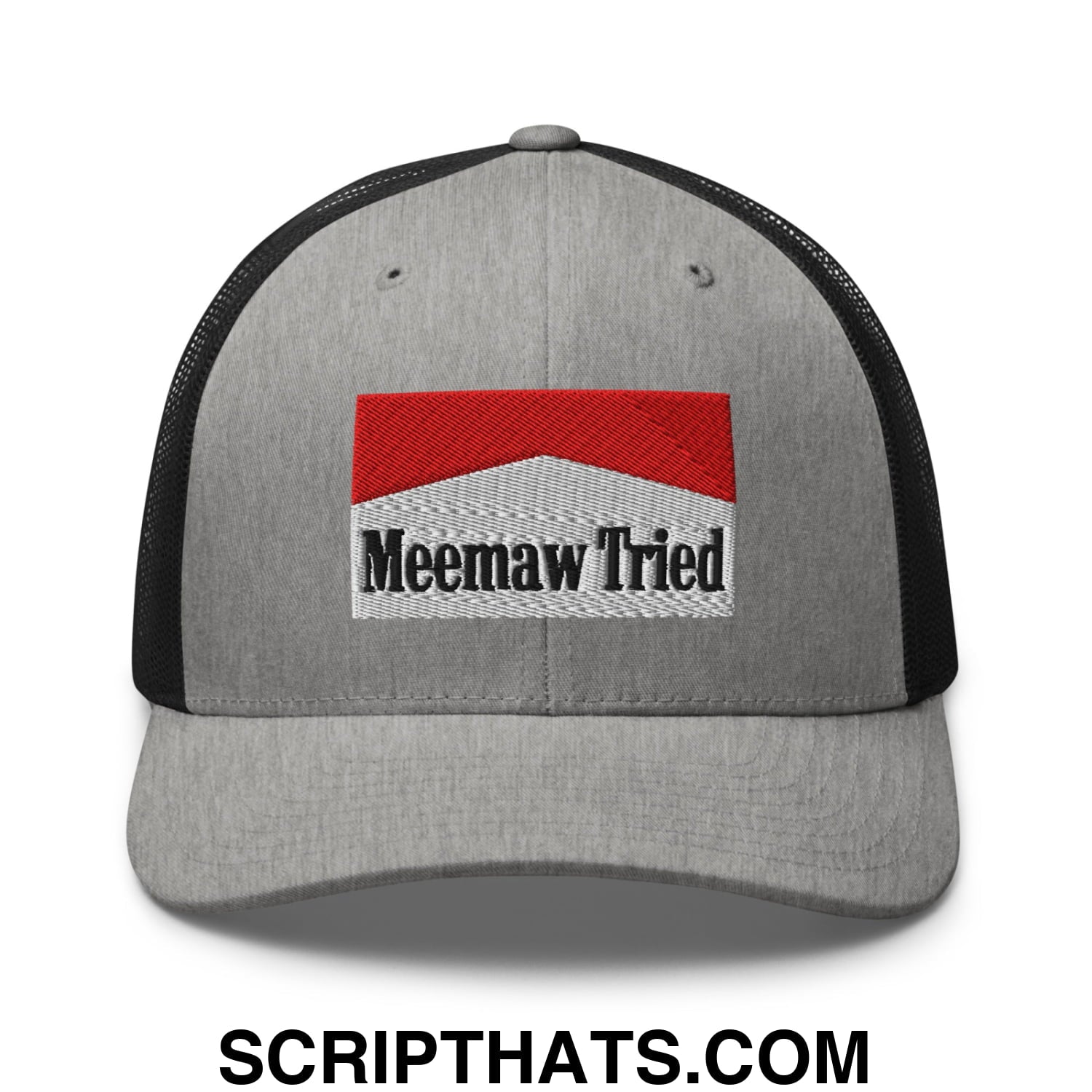 Meemaw Tried Cigarette Red Embroidered Mesh Trucker Hat Heather Black