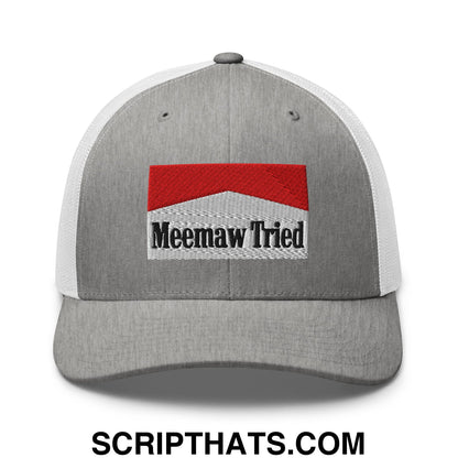Meemaw Tried Cigarette Red Embroidered Mesh Trucker Hat Heather Grey White