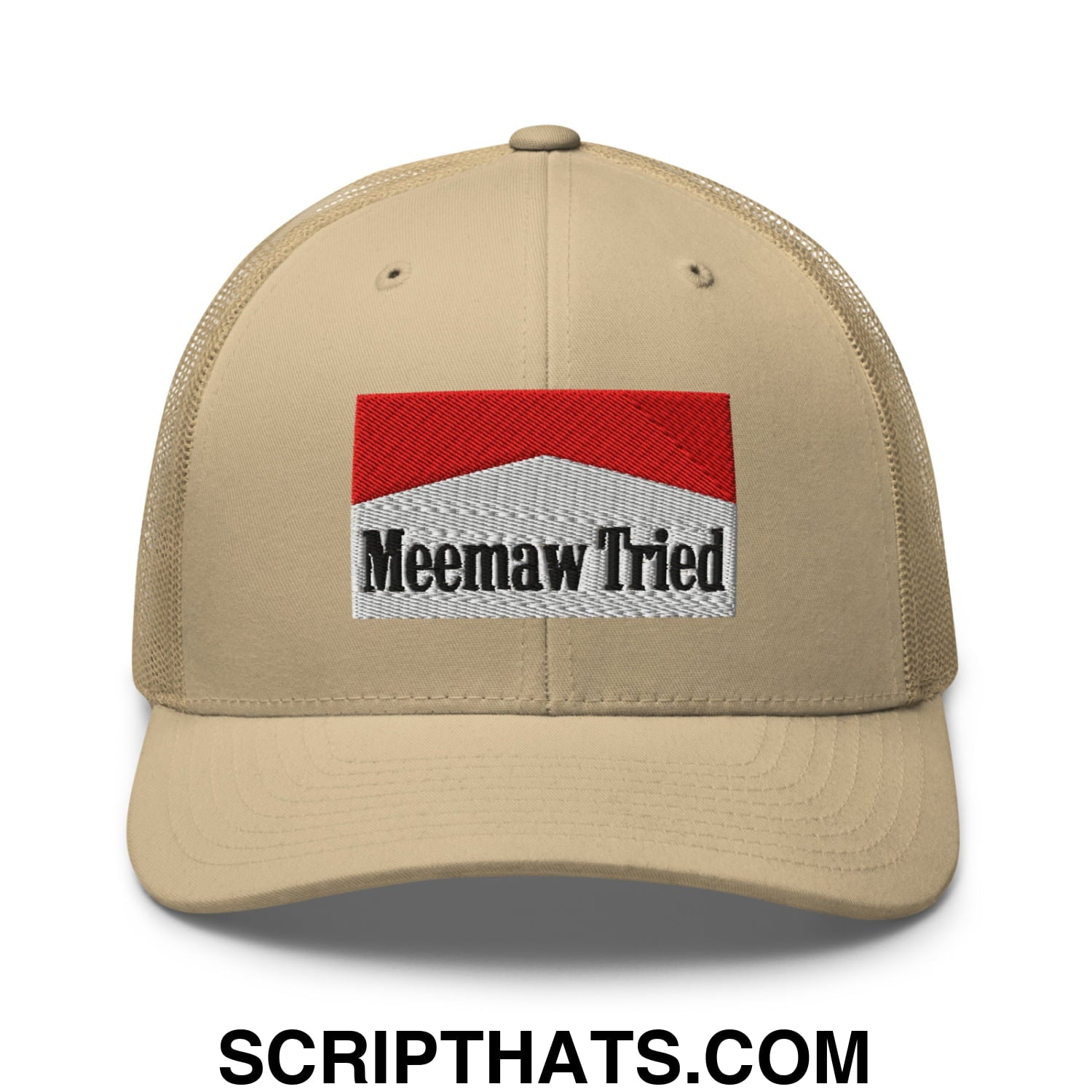 Meemaw Tried Cigarette Red Embroidered Mesh Trucker Hat Khaki