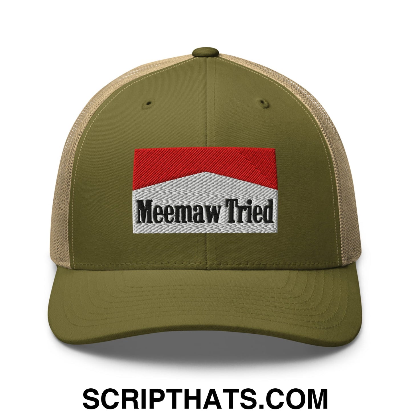 Meemaw Tried Cigarette Red Embroidered Mesh Trucker Hat Moss Khaki