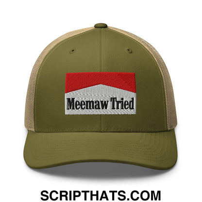 Meemaw Tried Cigarette Red Embroidered Mesh Trucker Hat Moss Khaki