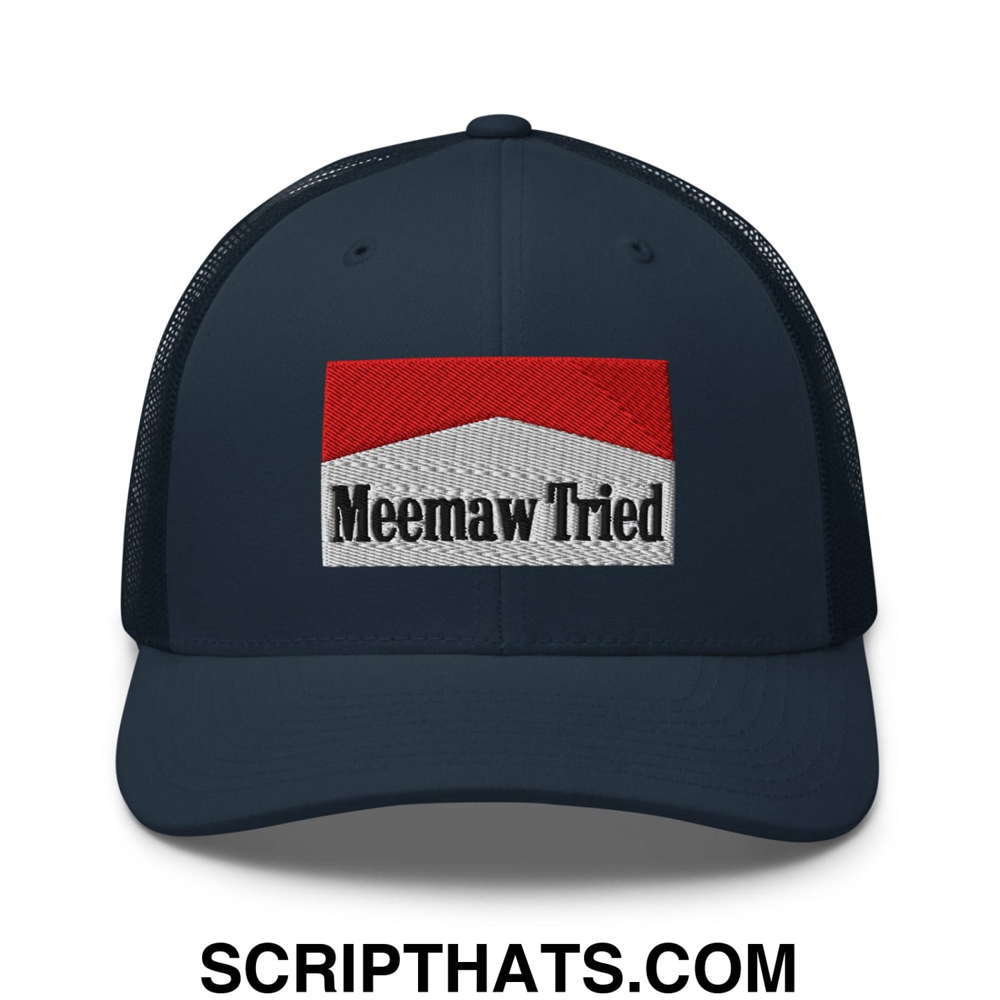 Meemaw Tried Cigarette Red Embroidered Mesh Trucker Hat Navy