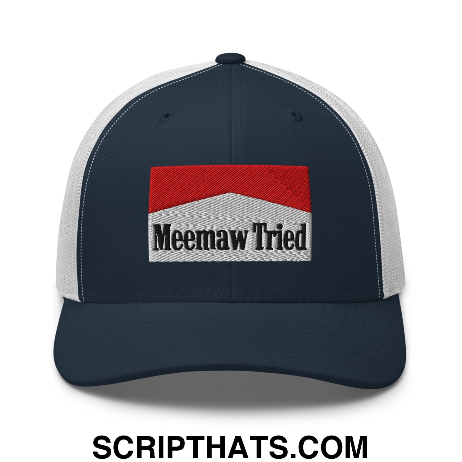 Meemaw Tried Cigarette Red Embroidered Mesh Trucker Hat Navy White
